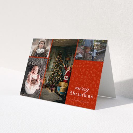 A custom christmas card design called 'Iconic Christmas'. It is an A5 card in a landscape orientation. It is a photographic custom christmas card with room for 4 photos. 'Iconic Christmas' is available as a folded card, with tones of red and white.