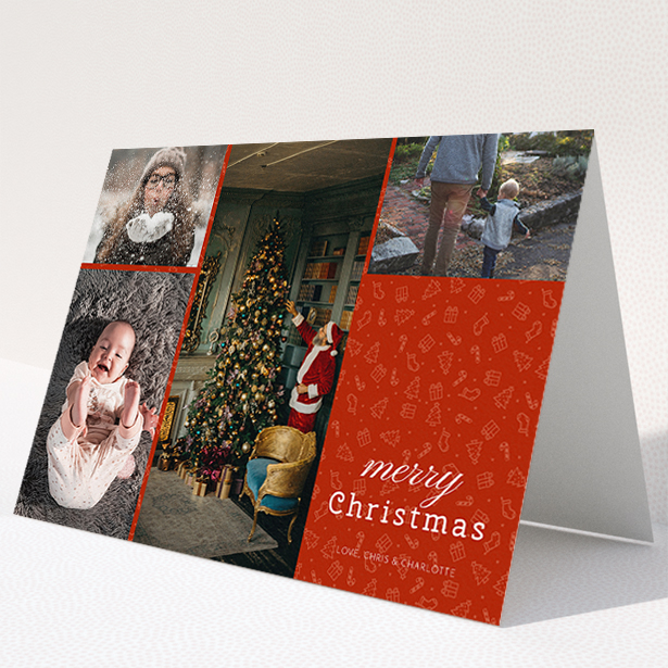 A custom christmas card design called "Iconic Christmas". It is an A5 card in a landscape orientation. It is a photographic custom christmas card with room for 4 photos. "Iconic Christmas" is available as a folded card, with tones of red and white.