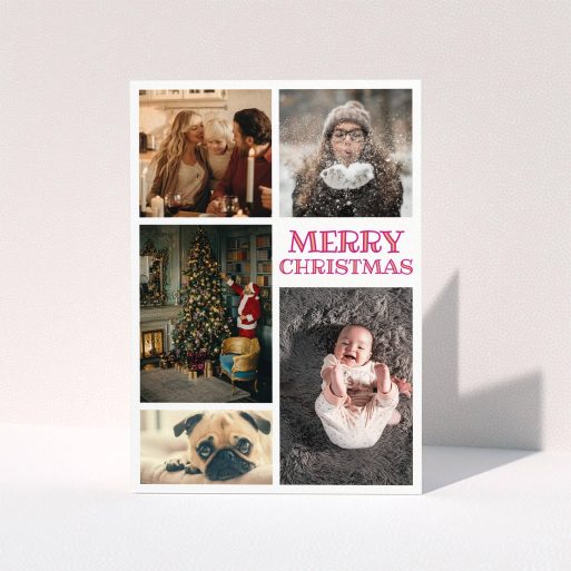 A custom christmas card named "Modern Festivities". It is an A5 card in a portrait orientation. It is a photographic custom christmas card with room for 5 photos. "Modern Festivities" is available as a folded card, with tones of white and red.