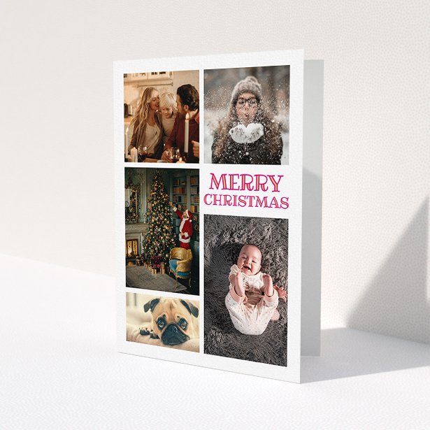 A custom christmas card named "Modern Festivities". It is an A5 card in a portrait orientation. It is a photographic custom christmas card with room for 5 photos. "Modern Festivities" is available as a folded card, with tones of white and red.