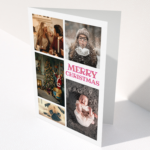 A custom christmas card named "Modern Festivities". It is an A5 card in a portrait orientation. It is a photographic custom christmas card with room for 5 photos. "Modern Festivities" is available as a folded card, with tones of white and red.
