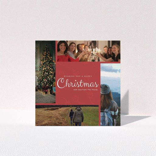 A custom christmas card design named "Photo Wreath". It is a square (148mm x 148mm) card in a square orientation. It is a photographic custom christmas card with room for 4 photos. "Photo Wreath" is available as a folded card, with tones of red and white.