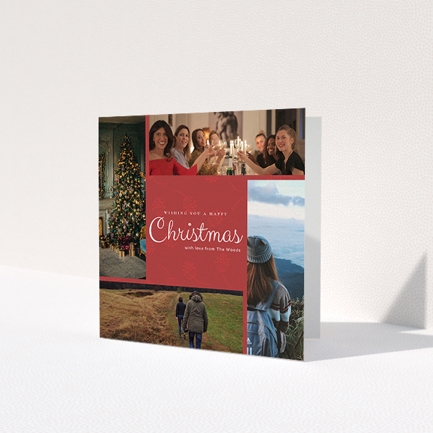 A custom christmas card design named 'Photo Wreath'. It is a square (148mm x 148mm) card in a square orientation. It is a photographic custom christmas card with room for 4 photos. 'Photo Wreath' is available as a folded card, with tones of red and white.