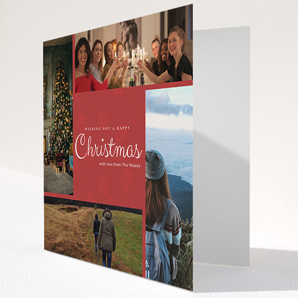 A custom christmas card design named "Photo Wreath". It is a square (148mm x 148mm) card in a square orientation. It is a photographic custom christmas card with room for 4 photos. "Photo Wreath" is available as a folded card, with tones of red and white.