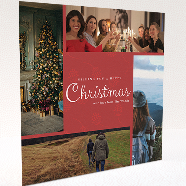 A custom christmas card design named "Photo Wreath". It is a square (148mm x 148mm) card in a square orientation. It is a photographic custom christmas card with room for 4 photos. "Photo Wreath" is available as a folded card, with tones of red and white.