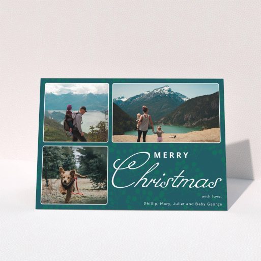 A custom christmas card design called "Rounded Mistletoe". It is an A6 card in a landscape orientation. It is a photographic custom christmas card with room for 3 photos. "Rounded Mistletoe" is available as a folded card, with mainly green colouring.