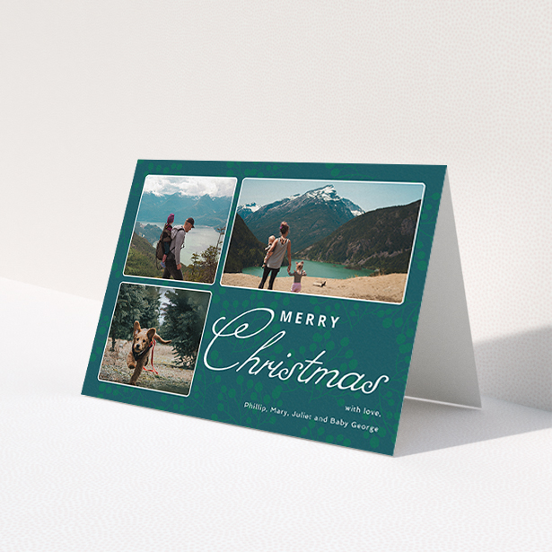 A custom christmas card design called 'Rounded Mistletoe'. It is an A6 card in a landscape orientation. It is a photographic custom christmas card with room for 3 photos. 'Rounded Mistletoe' is available as a folded card, with mainly green colouring.
