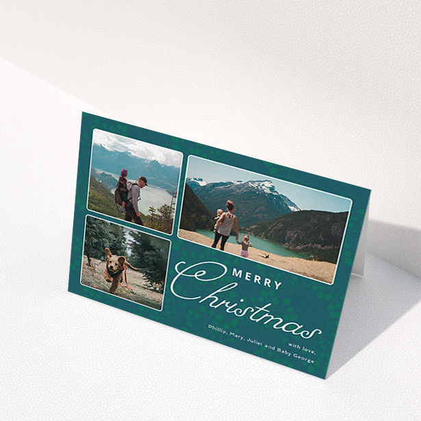 A custom christmas card design called "Rounded Mistletoe". It is an A6 card in a landscape orientation. It is a photographic custom christmas card with room for 3 photos. "Rounded Mistletoe" is available as a folded card, with mainly green colouring.