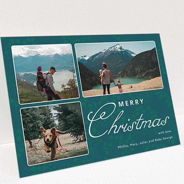 A custom christmas card design called "Rounded Mistletoe". It is an A6 card in a landscape orientation. It is a photographic custom christmas card with room for 3 photos. "Rounded Mistletoe" is available as a folded card, with mainly green colouring.