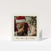 A custom christmas card named "Season's Greetings". It is a square (148mm x 148mm) card in a square orientation. It is a photographic custom christmas card with room for 1 photo. "Season's Greetings" is available as a folded card, with tones of cream, red and yellow.