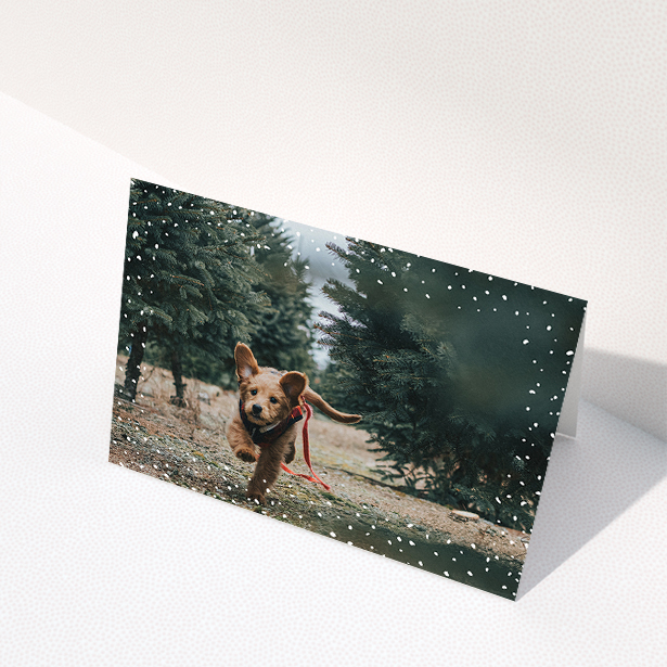 A custom christmas card design titled "Simple Snow Photo". It is an A5 card in a landscape orientation. It is a photographic custom christmas card with room for 1 photo. "Simple Snow Photo" is available as a folded card, with mainly white colouring.