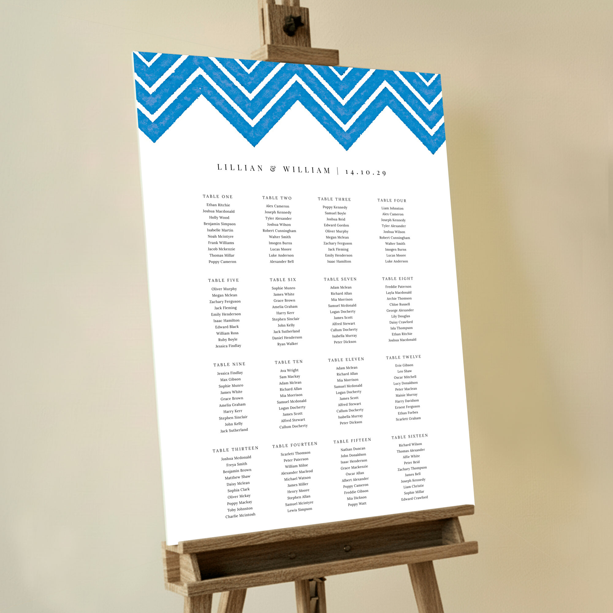 Custom Seating Charts - Skiapthos featuring a summery seating plan design inspired by the Greek islands, with a blue and white painted pattern at the top of the board, bringing the beauty of the Mediterranean to your event.. This design has 16 tables.