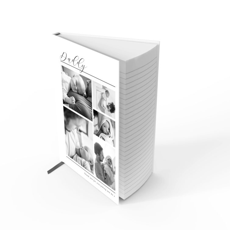 Portrait orientation personalised notebook cover design with five black and white photos for Utterly Printable