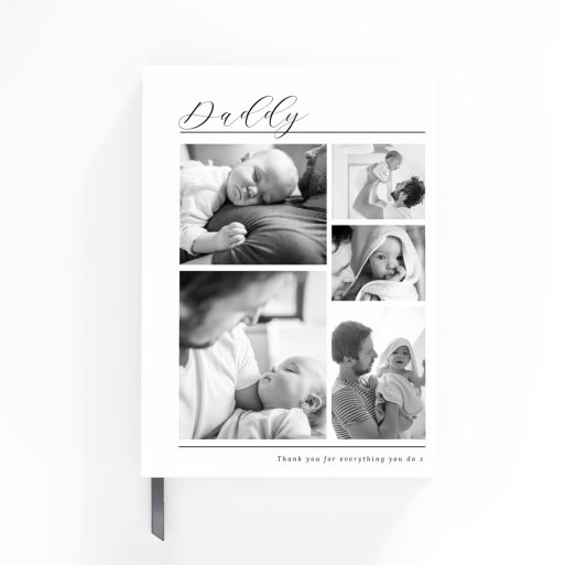 Portrait orientation personalised notebook cover design with five black and white photos for Utterly Printable