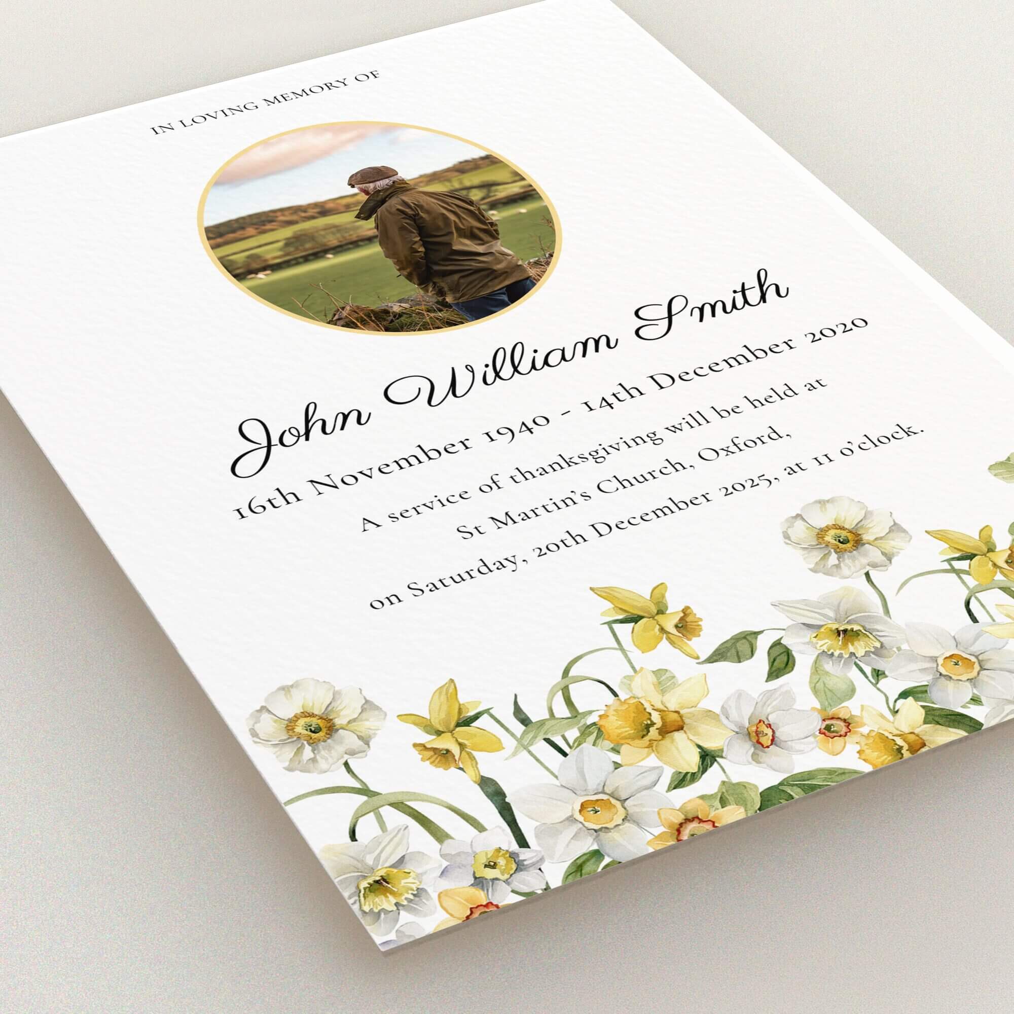 Funeral announcement design with one photo and floral illustration
