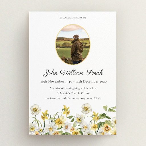 Funeral announcement design with one photo and floral illustration