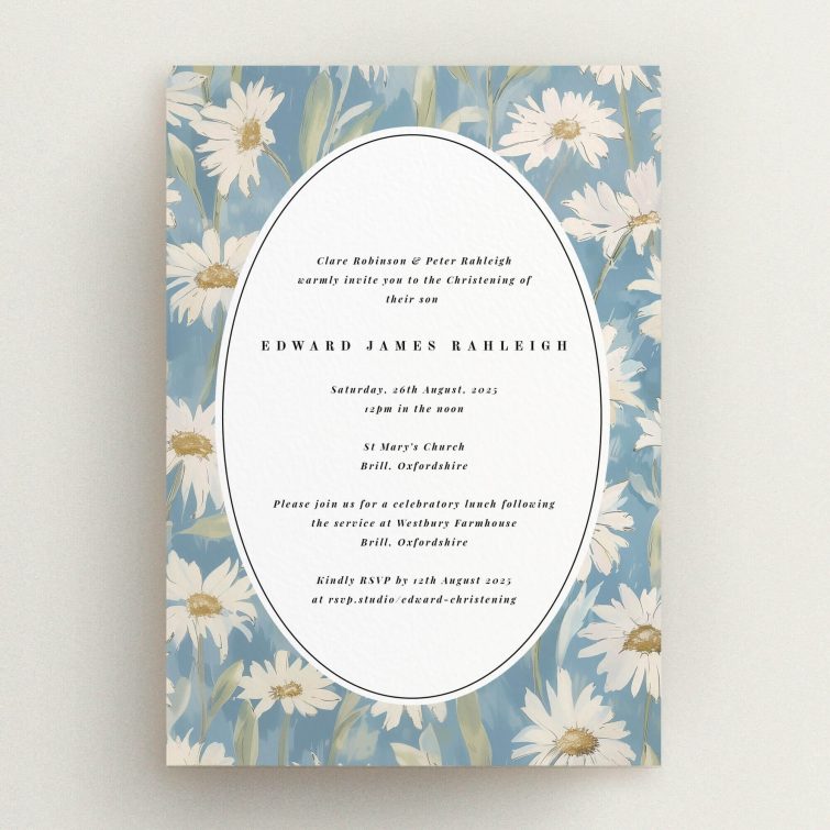 Floral christening invitation design with blue and white daisy background and one photo placeholder.