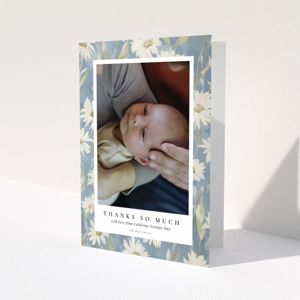 Floral baby thank you card with one photo in the centre and blue flower border design.