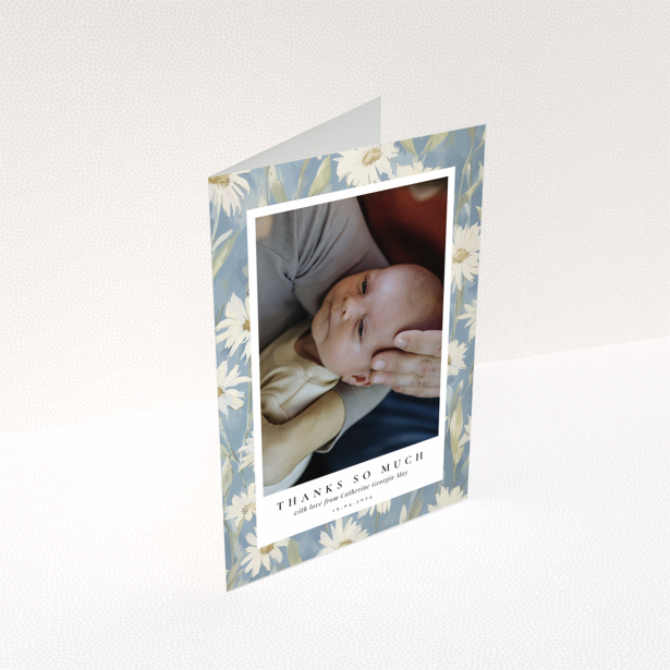 Floral baby thank you card with one photo in the centre and blue flower border design.