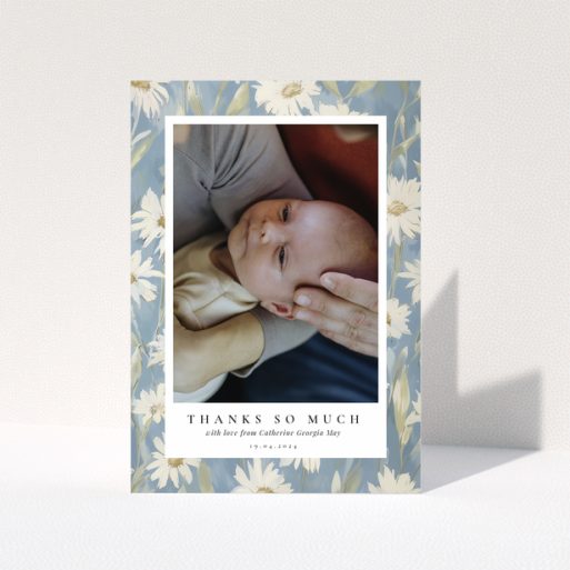 Floral baby thank you card with one photo in the centre and blue flower border design.