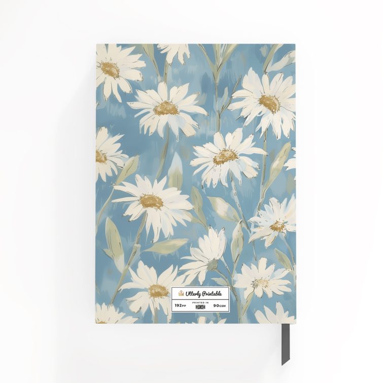 Floral notebook cover design with a blue background featuring white daisies - personalised stationery by Utterly Printable