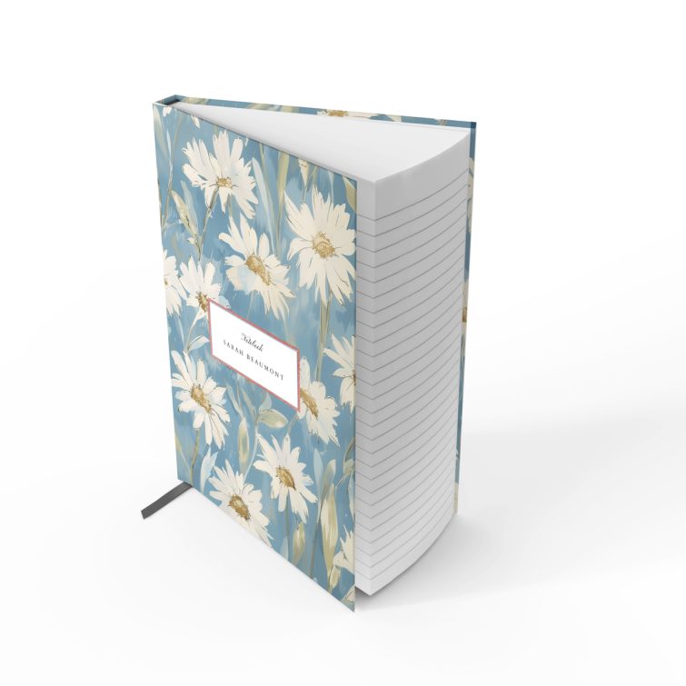 Floral notebook cover design with a blue background featuring white daisies - personalised stationery by Utterly Printable