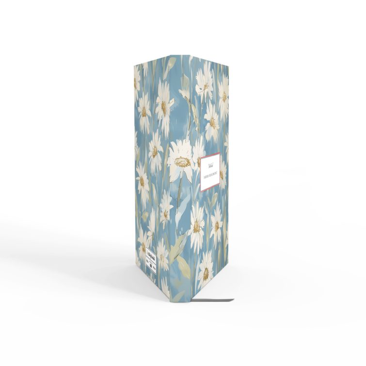 Floral notebook cover design with a blue background featuring white daisies - personalised stationery by Utterly Printable