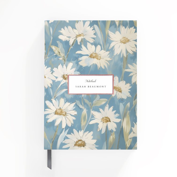 Floral notebook cover design with a blue background featuring white daisies - personalised stationery by Utterly Printable