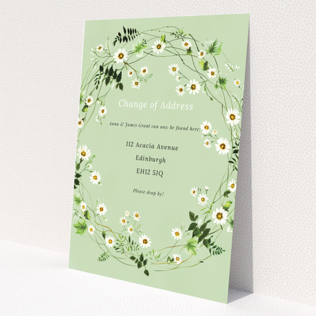 Floral change of address card with a single photo and green background