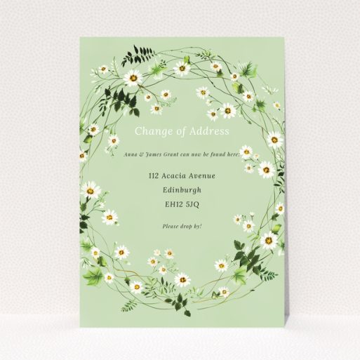 Floral change of address card with a single photo and green background