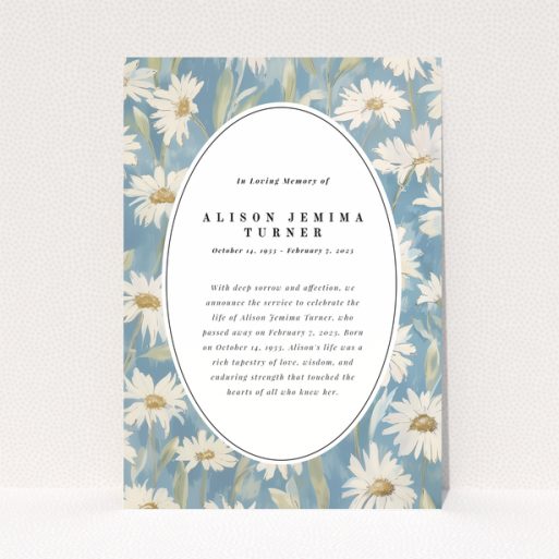 Floral funeral announcement design with oval text area and daisy background