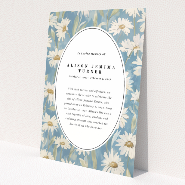 Floral funeral announcement design with oval text area and daisy background