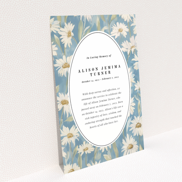 Floral funeral announcement design with oval text area and daisy background