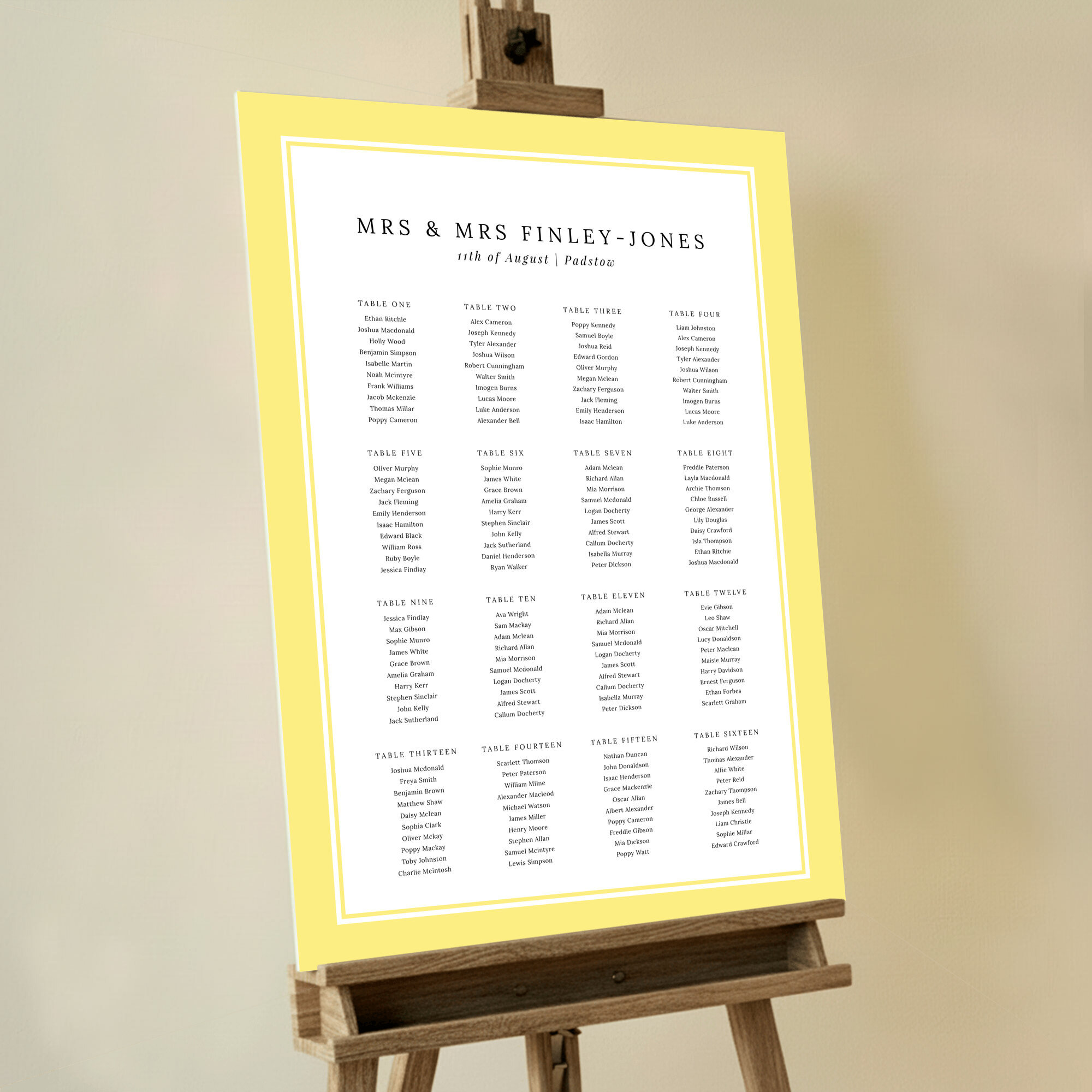 Custom Seating Plan - Daisy Yellow, a cheerful design with a vibrant yellow border, adding a warm and inviting atmosphere to your spring or summer wedding.. This one is formatted for 16 tables.