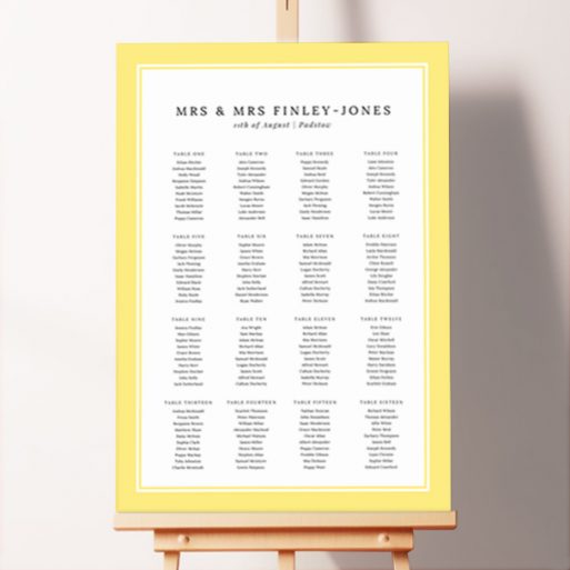 Custom Seating Plan - Daisy Yellow, a cheerful design with a vibrant yellow border, adding a warm and inviting atmosphere to your spring or summer wedding.. This one is formatted for 16 tables.