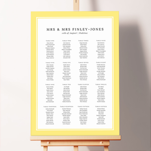 Custom Seating Plan - Daisy Yellow, a cheerful design with a vibrant yellow border, adding a warm and inviting atmosphere to your spring or summer wedding.. This one is formatted for 16 tables.