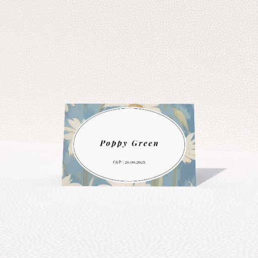 Daisyfield Elegance place cards table template - charming daisy pattern on soft blue backdrop. This is a view of the front