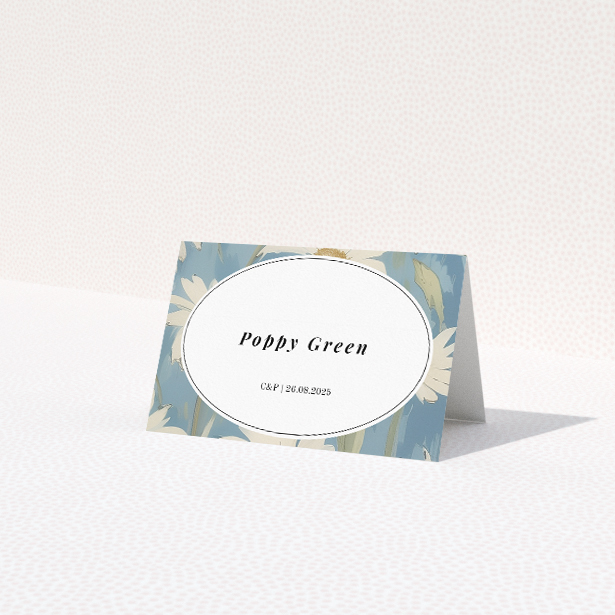 Daisyfield Elegance place cards table template - charming daisy pattern on soft blue backdrop. This is a third view of the front