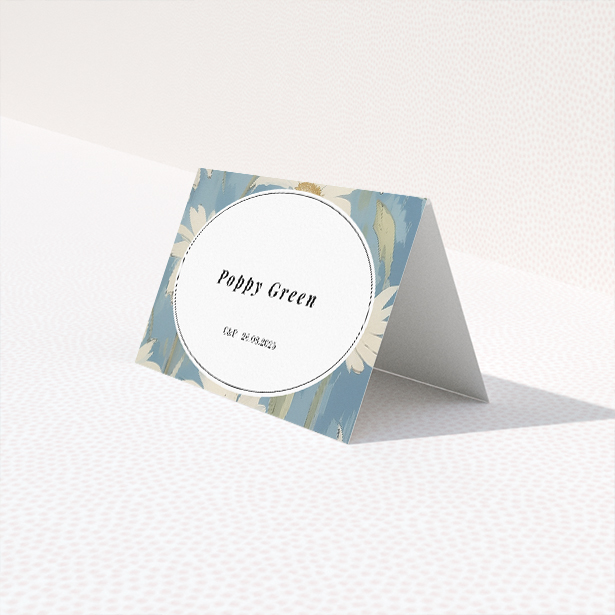 Daisyfield Elegance place cards table template - charming daisy pattern on soft blue backdrop. This is a third view of the front