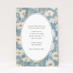 "Daisyfield Elegance wedding invitation featuring a serene meadow-inspired design with daisies on a soft blue backdrop, ideal for couples desiring rustic elegance and natural beauty in their wedding stationery.". This is a view of the front