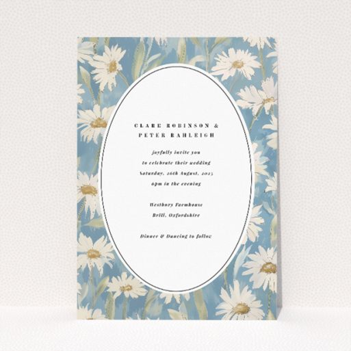 "Daisyfield Elegance wedding invitation featuring a serene meadow-inspired design with daisies on a soft blue backdrop, ideal for couples desiring rustic elegance and natural beauty in their wedding stationery.". This is a view of the front