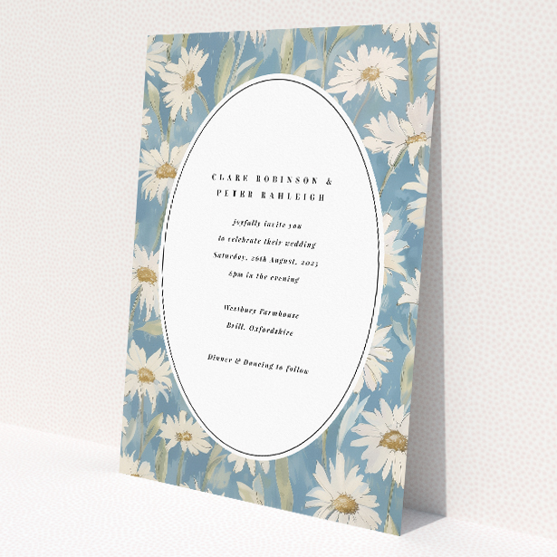 'Daisyfield Elegance wedding invitation featuring a serene meadow-inspired design with daisies on a soft blue backdrop, ideal for couples desiring rustic elegance and natural beauty in their wedding stationery.'. This is a view of the front
