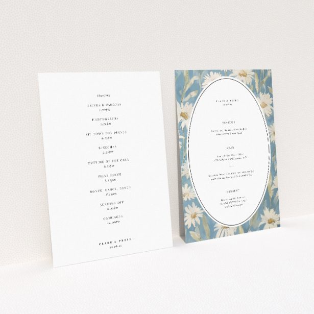 Serene wedding menu template with daisies on soft blue background. This image shows the front and back sides together