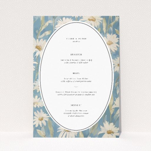 Serene wedding menu template with daisies on soft blue background. This is a view of the front