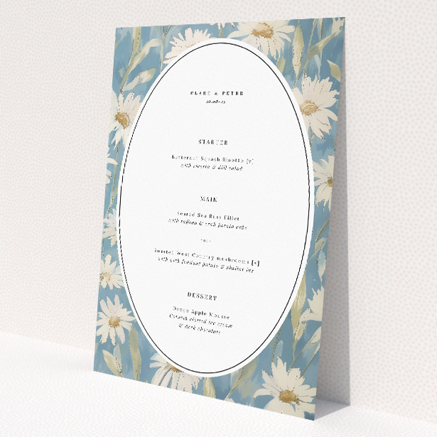 Serene wedding menu template with daisies on soft blue background. This is a view of the front