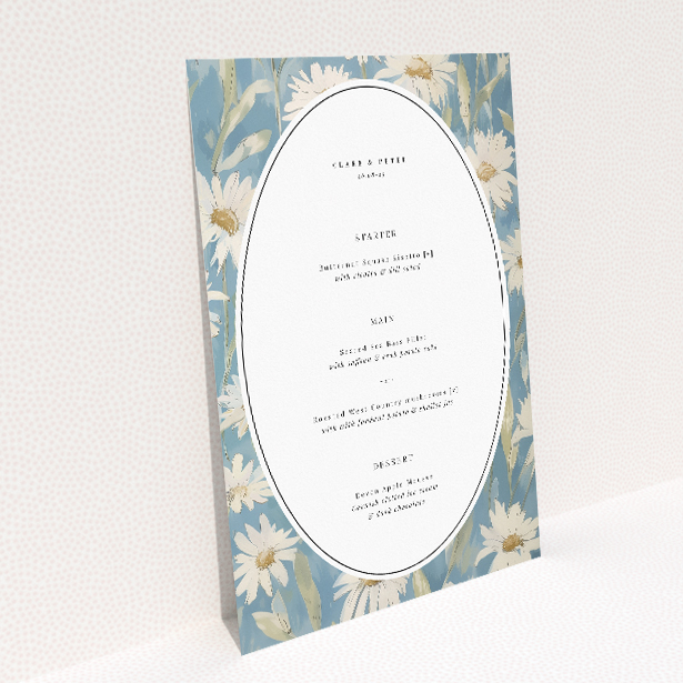 Serene wedding menu template with daisies on soft blue background. This image shows the front and back sides together