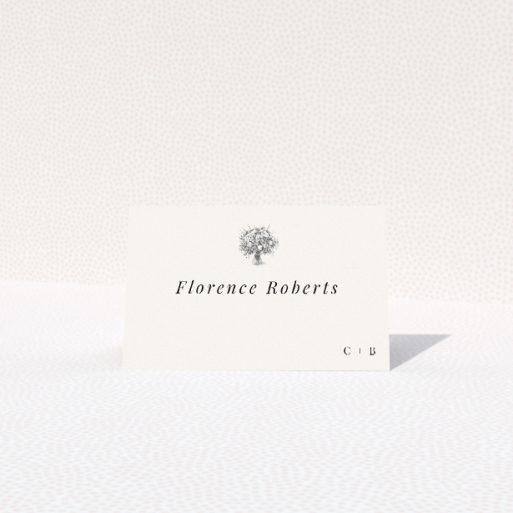 Dandelion Whispers place cards table template - delicate dandelion motif in soft grey palette for blend of classic style and contemporary minimalism. This is a view of the front