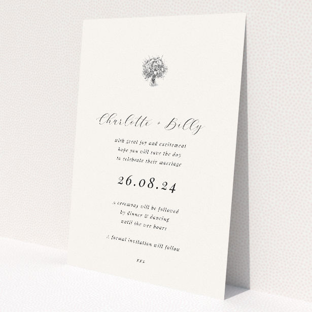 Dandelion Whispers Save the Date A6 Card - Poetic wedding invitation featuring an ethereal dandelion illustration symbolizing wishes and new beginnings, evoking a sense of calm and anticipation This is a view of the front