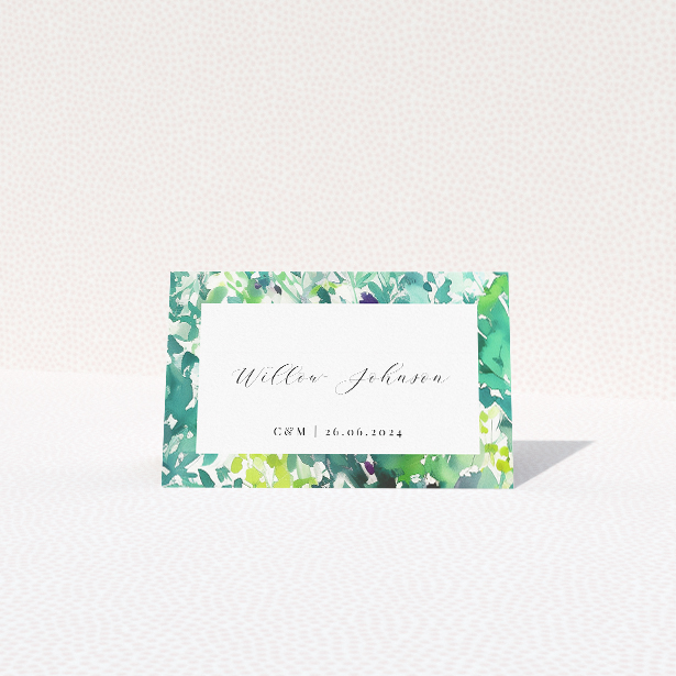 Dappled suite place card template with lush foliage border creating an ethereal dappled light effect, capturing the fresh vibrancy of a sunlit grove and evoking natural elegance This is a view of the front