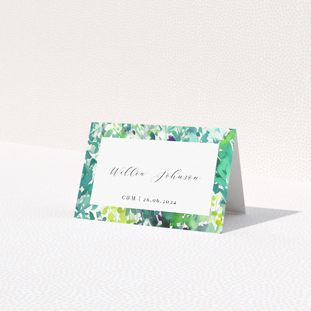Dappled suite place card template with lush foliage border creating an ethereal dappled light effect, capturing the fresh vibrancy of a sunlit grove and evoking natural elegance This is a third view of the front
